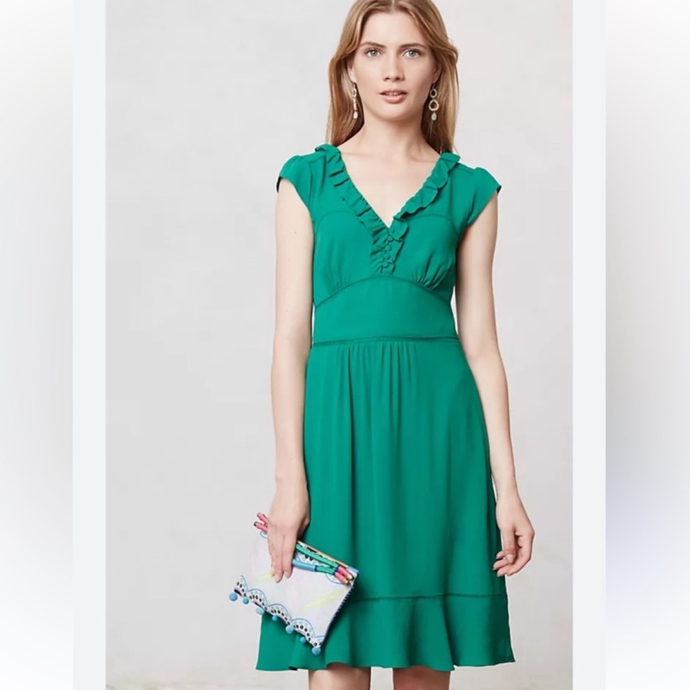 Anthropologie Maeve Green Ruffled Midi Dress